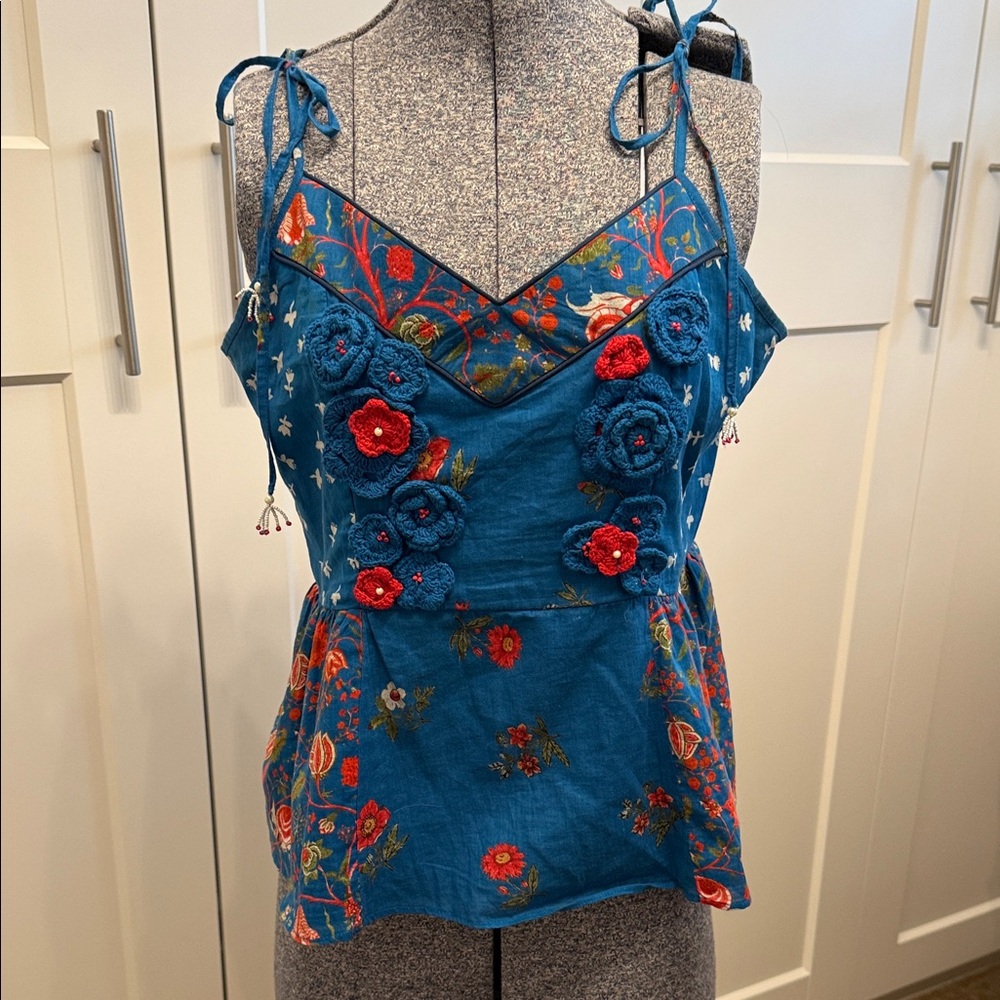 Anthropologie Nikasha Blue Floral Crochet Babydoll Tank Camisole - Picture 4 of 8